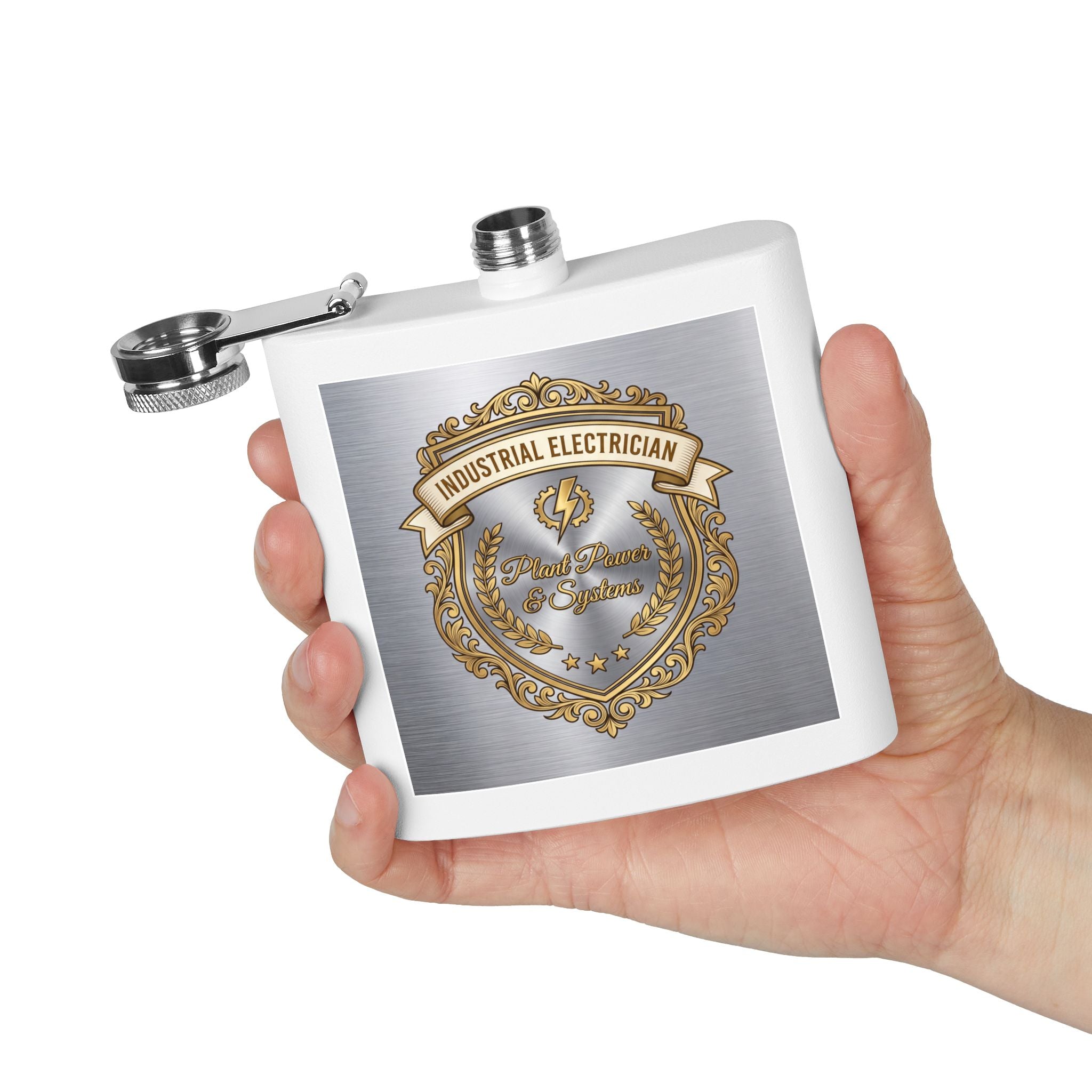 Flask — "Industrial Electrician: Plant Power & Systems" (Crest Edition) 6oz Stainless Steel Hip Flask