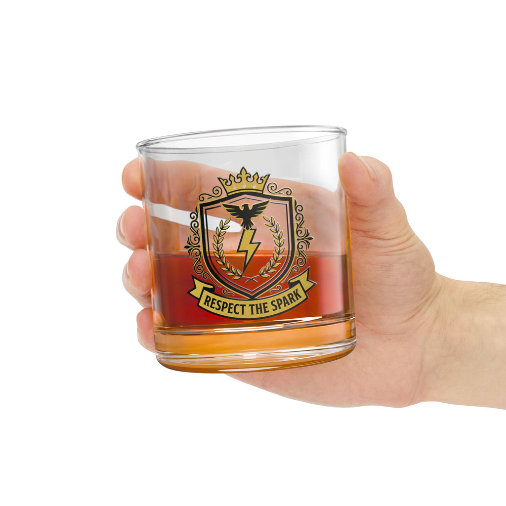 Respect The Spark Crest Rocks Glass 10oz — Black & Gold Electrician Glass