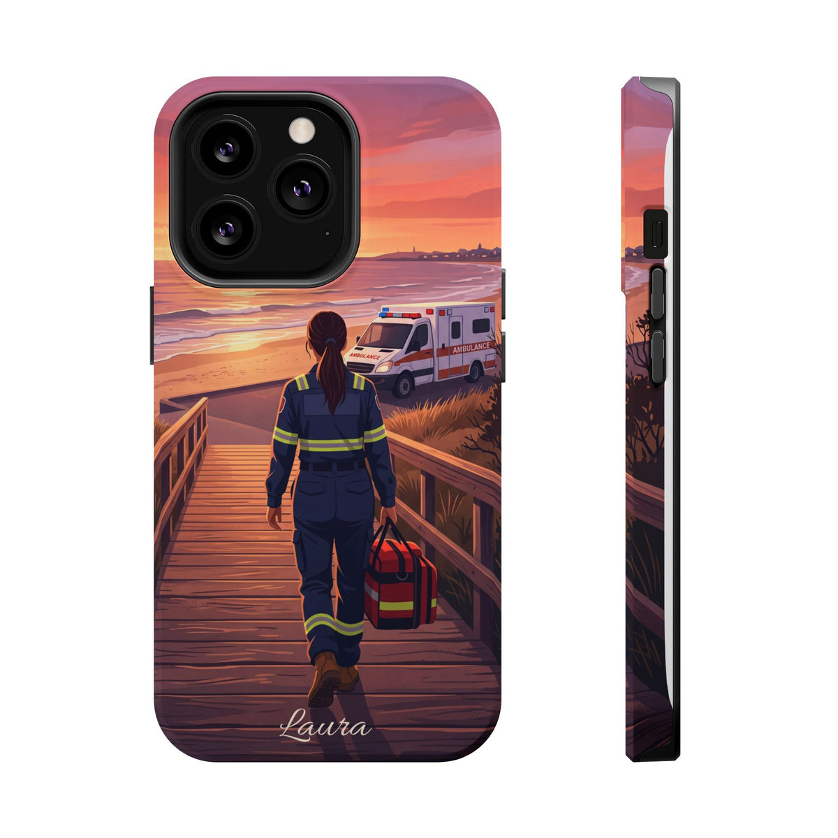 Sunset Boardwalk Personalized Paramedic Phone Case — Wireless Charging Cover