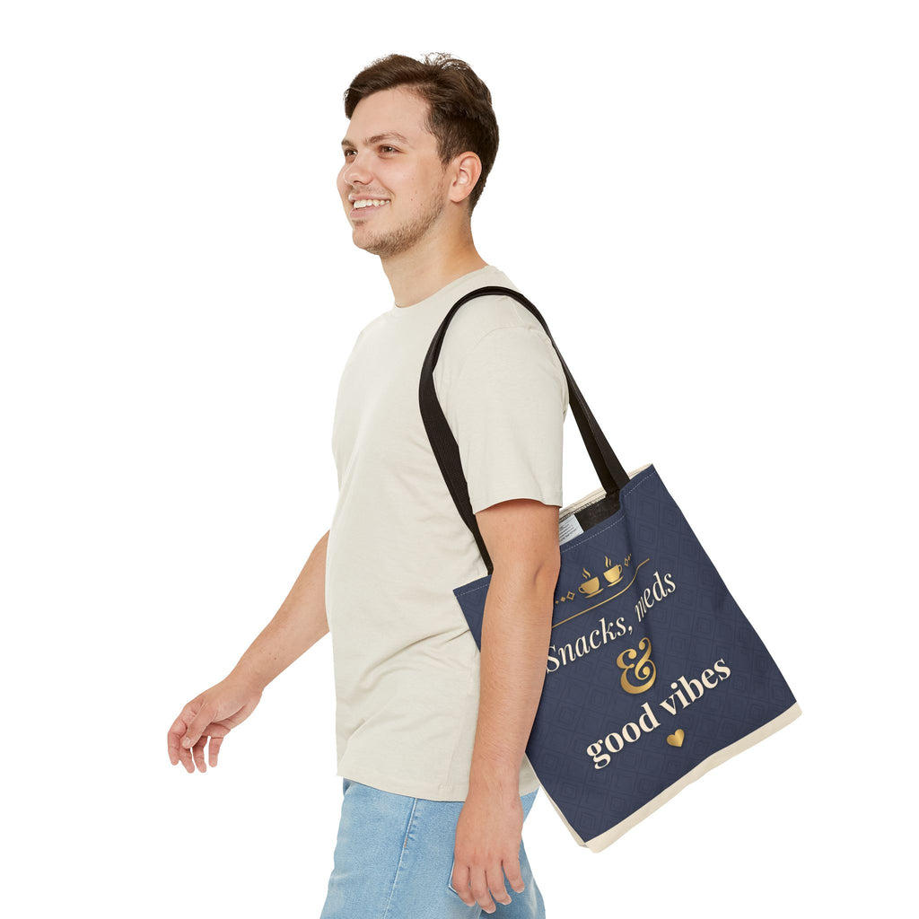 Snacks Meds & Good Vibes Tote | Funny Nurse Gift Tote Bag | Healthcare Worker Humour Gift | Premium Polyester Carry-All