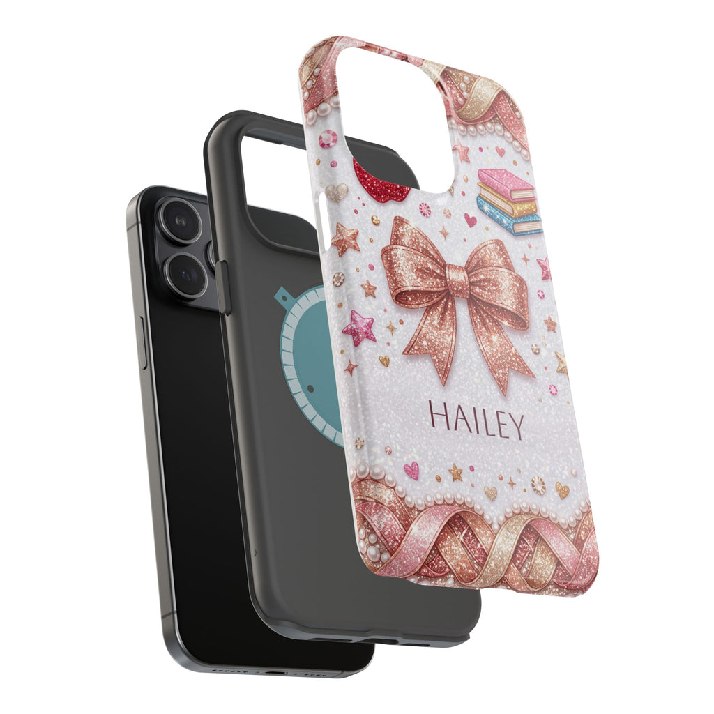 Rose Gold Glitter Bow Personalized Teacher Phone Case — Wireless Charging Cover