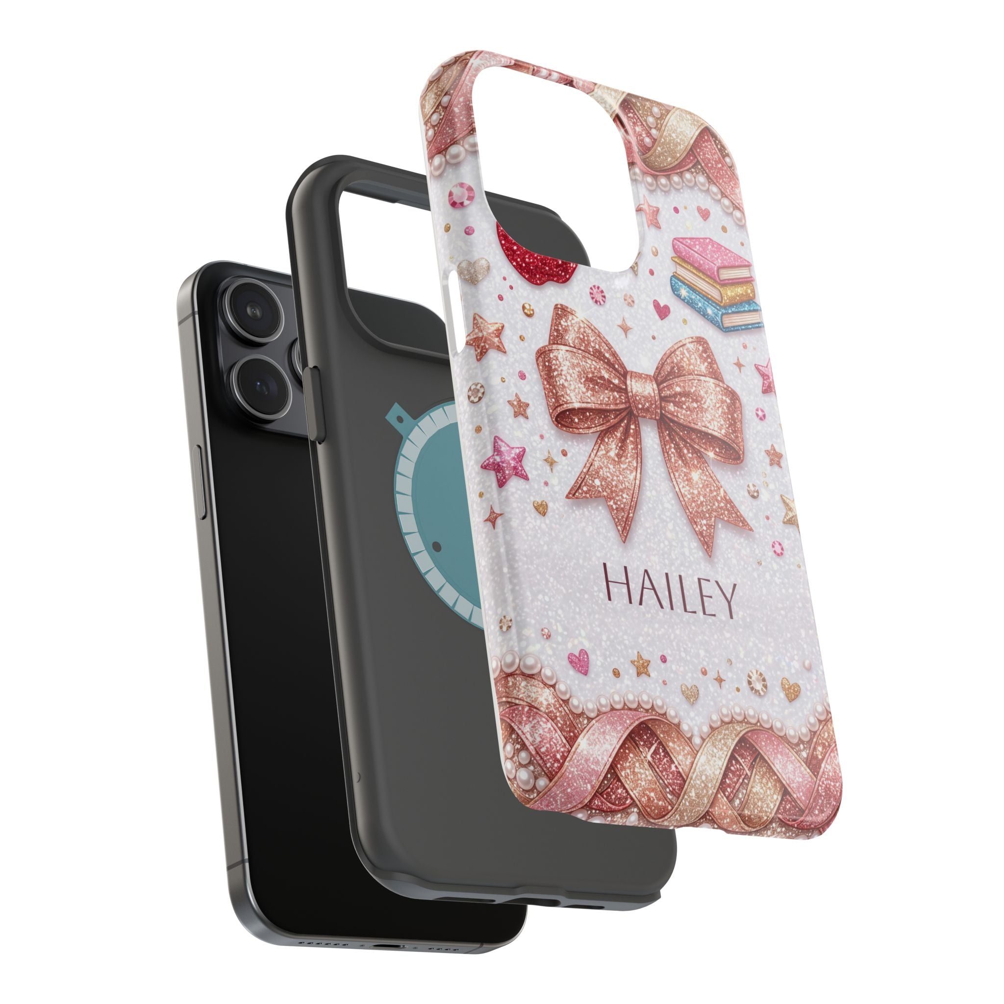 Rose Gold Glitter Bow Personalized Teacher Phone Case — Wireless Charging Cover