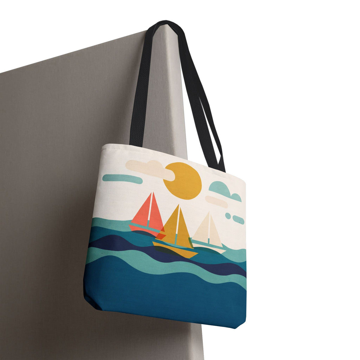 Minimalist Sailboat Tote Bag – Mid-Century Modern Ocean Waves Beach Bag
