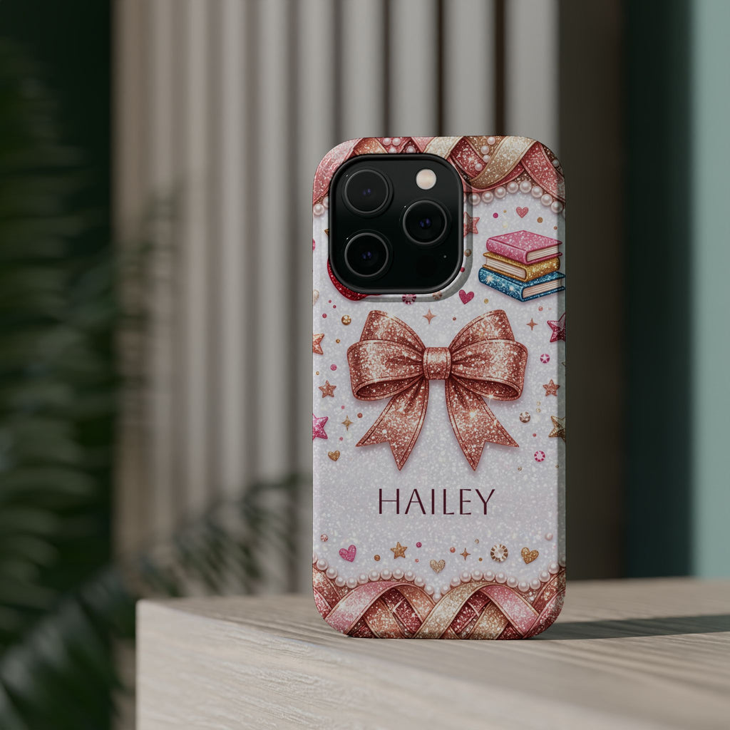 Rose Gold Glitter Bow Personalized Teacher Phone Case — Wireless Charging Cover