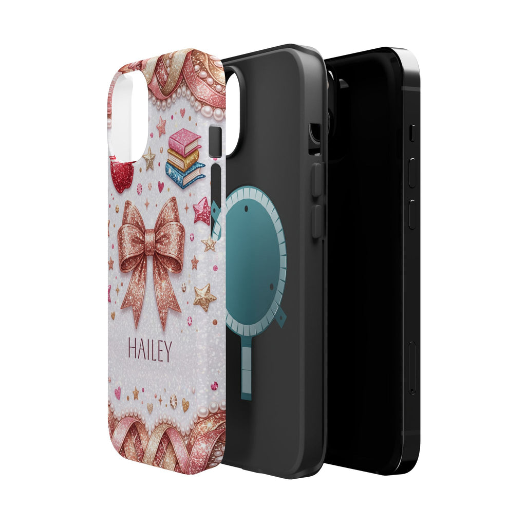 Rose Gold Glitter Bow Personalized Teacher Phone Case — Wireless Charging Cover