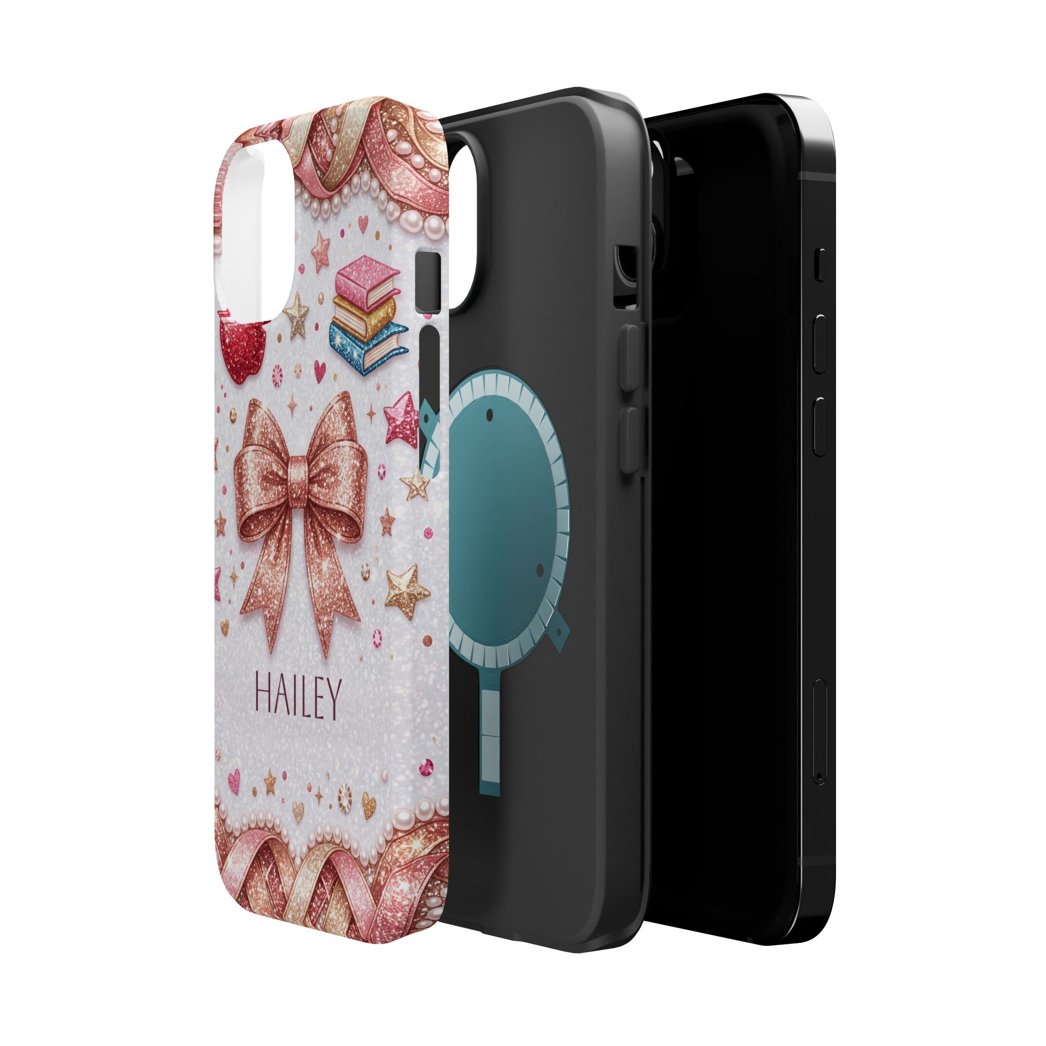 Rose Gold Glitter Bow Personalized Teacher Phone Case — Wireless Charging Cover
