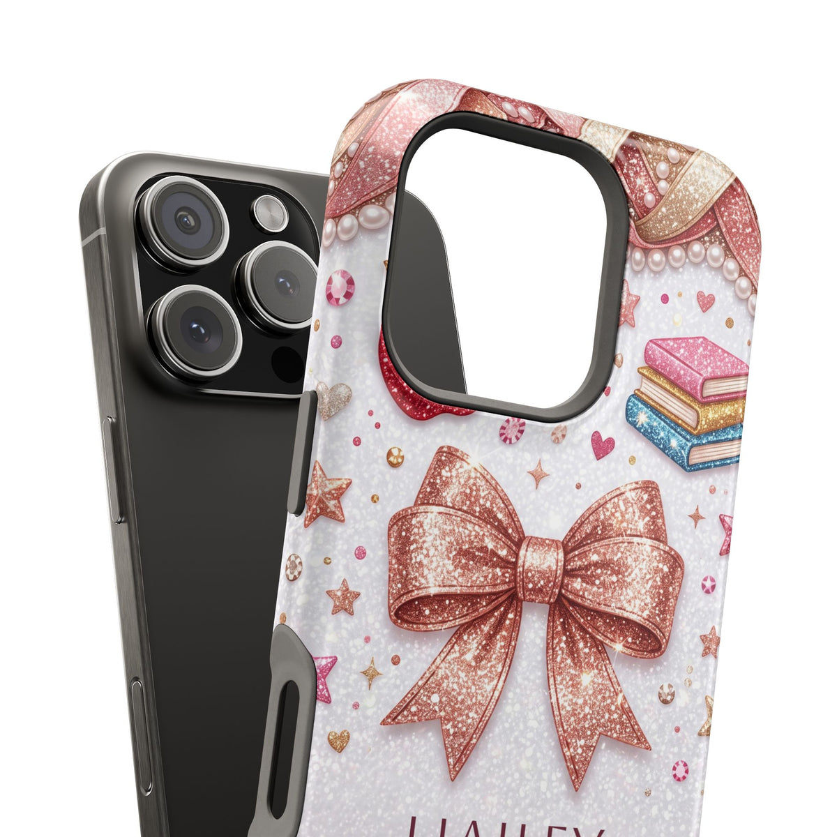 Rose Gold Glitter Bow Personalized Teacher Phone Case — Wireless Charging Cover