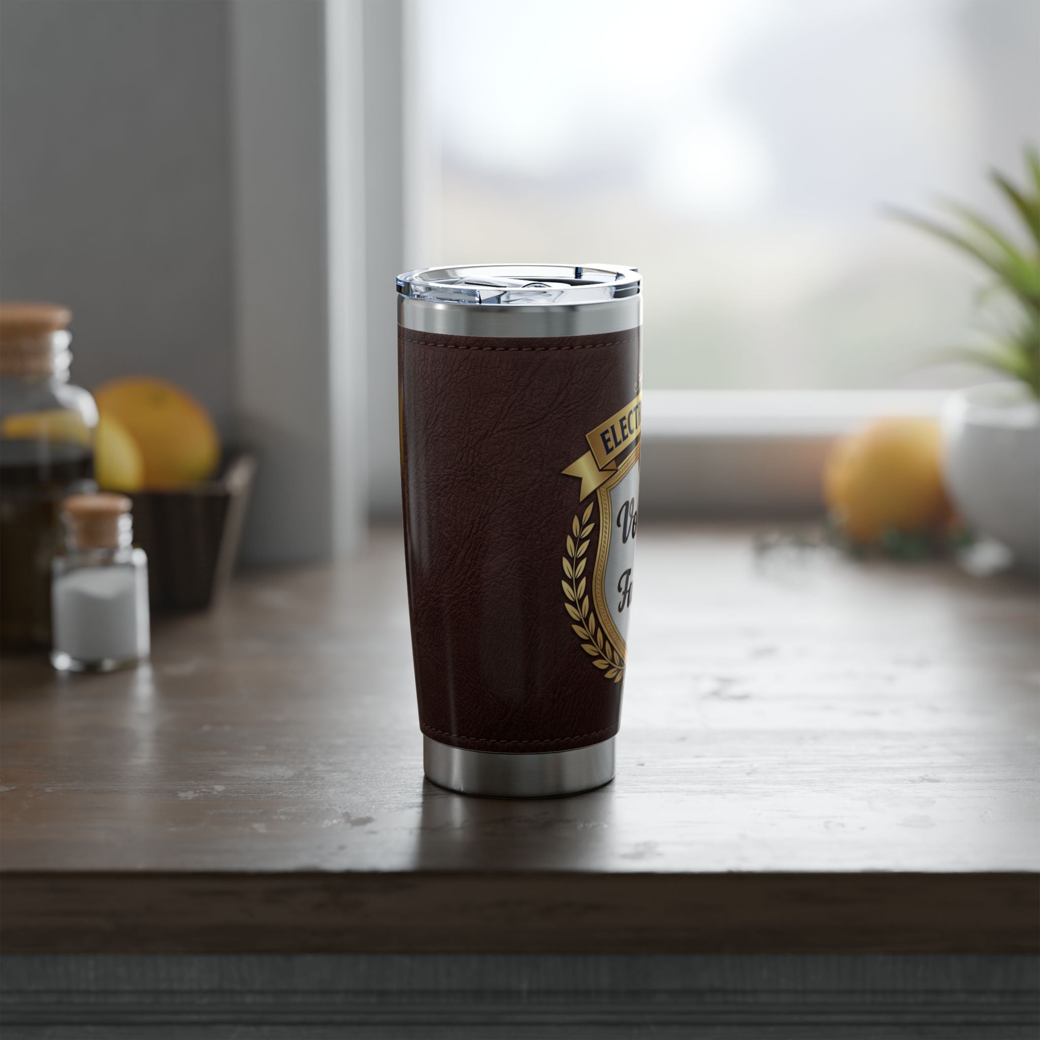 Electrician Dad Tumbler – "Voltage & Family" Leather Crest Design 20 oz