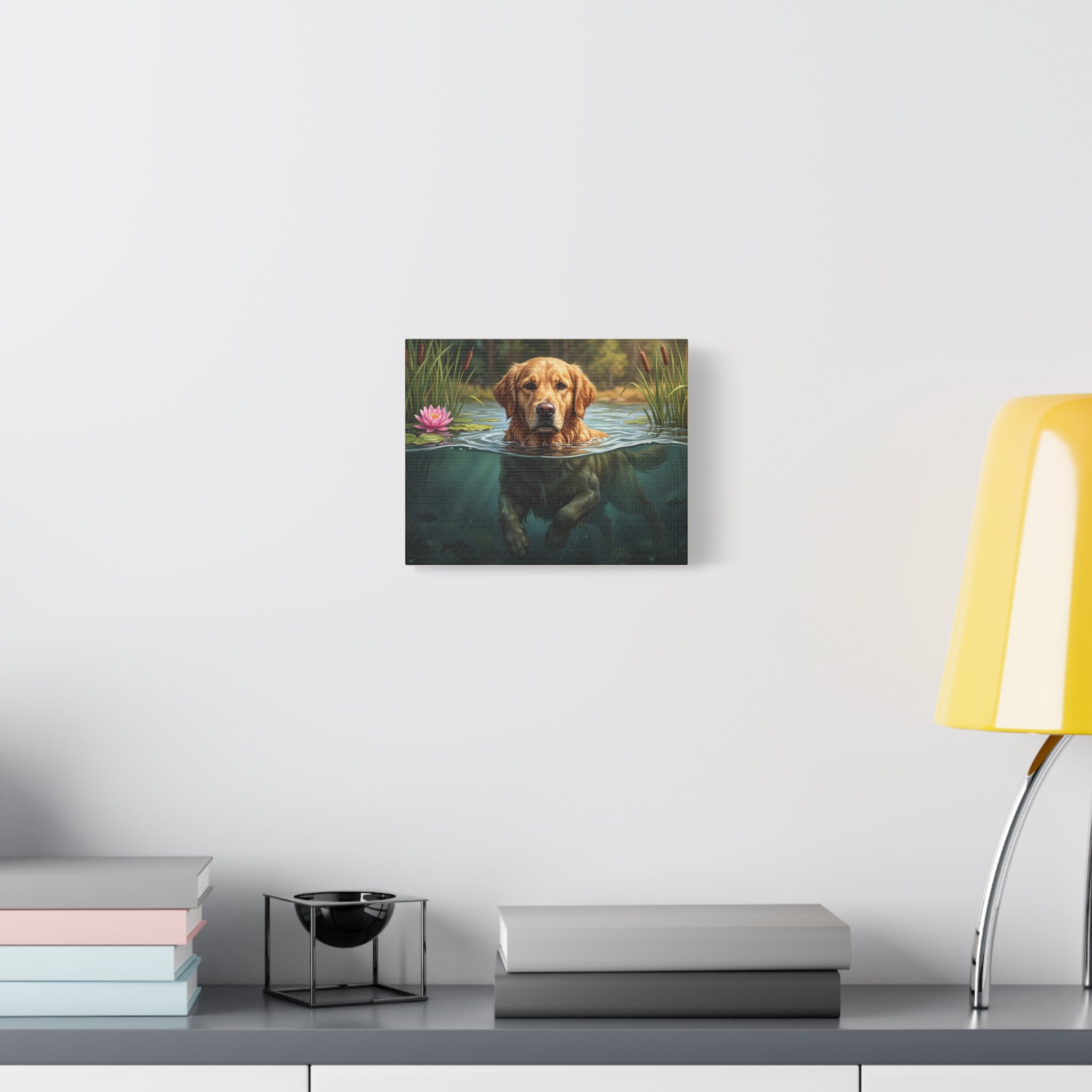 Golden Retriever Swimming Matte Canvas Wall Art — Dog Portrait Stretched Print