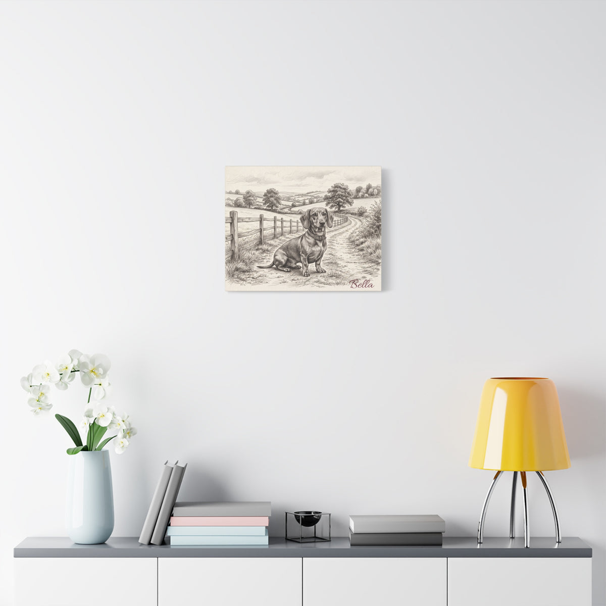 Dachshund Countryside Sketch Personalized Canvas | Rustic Farm Path Wall Art