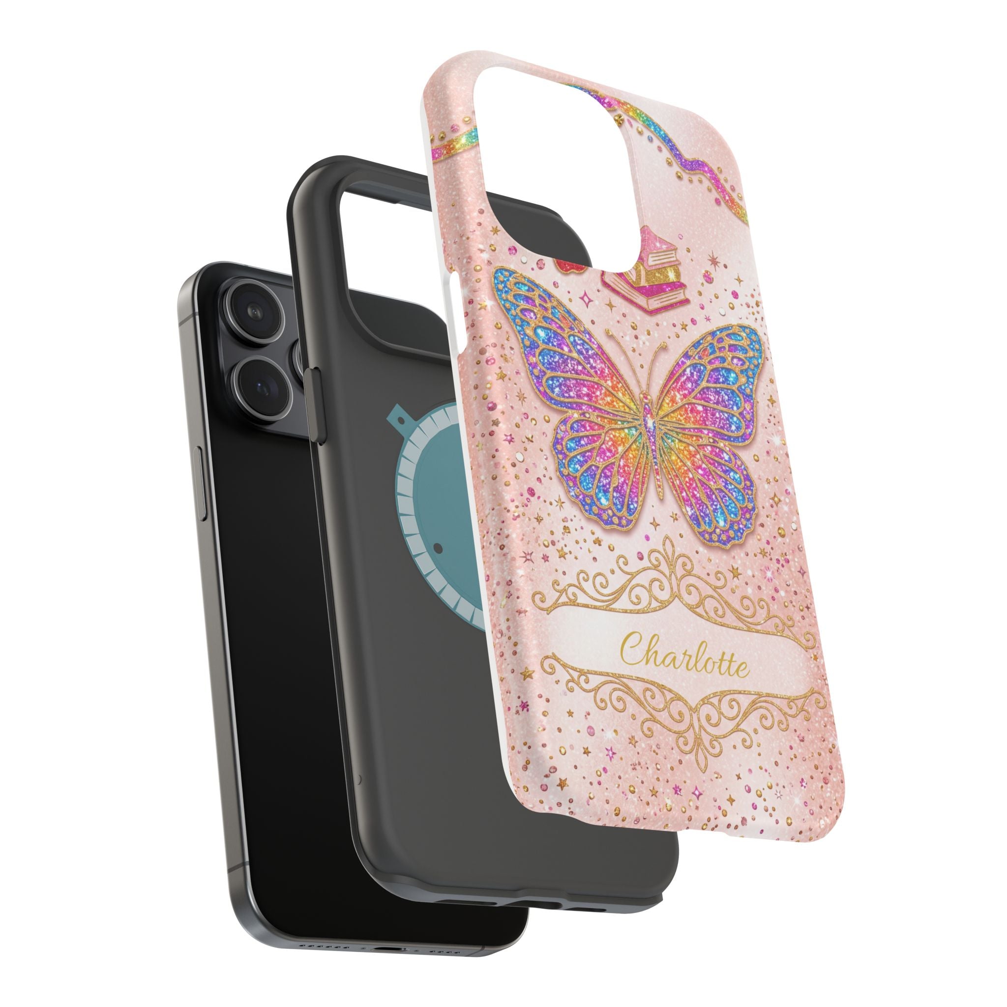 Blush Glitter Butterfly Personalized Teacher Phone Case — Wireless Charging Cover