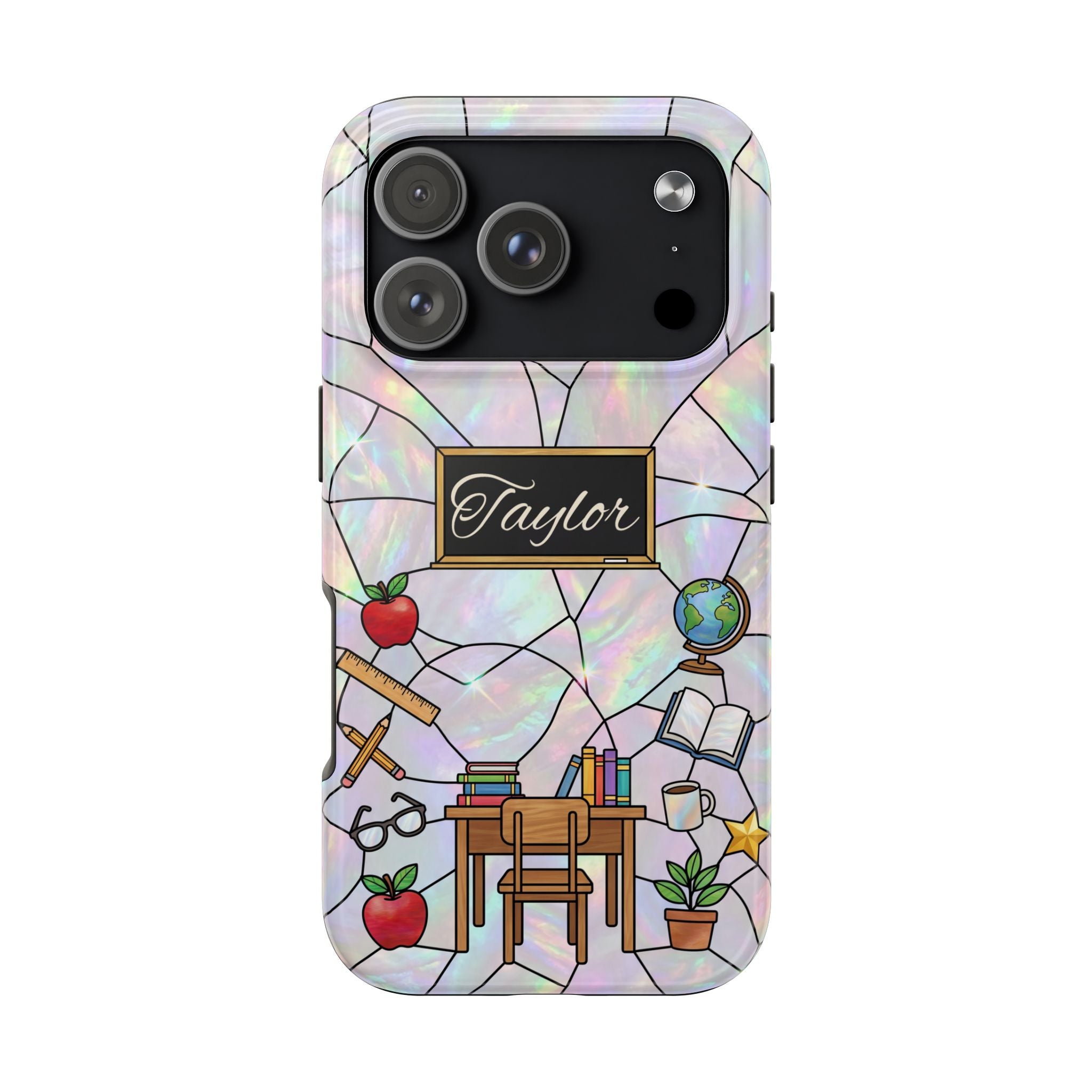 Personalized Teacher Phone Case — Custom Name Stained Glass Classroom Design