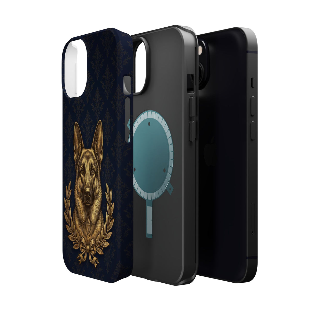 German Shepherd Phone Case | Navy Gold Laurel Art — Tough Magnetic Case with Wireless Charging