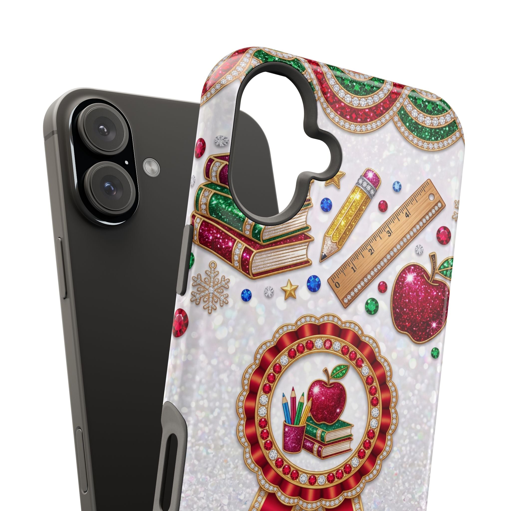 Jeweled Apple Medallion Personalized Teacher Phone Case — Wireless Charging Cover