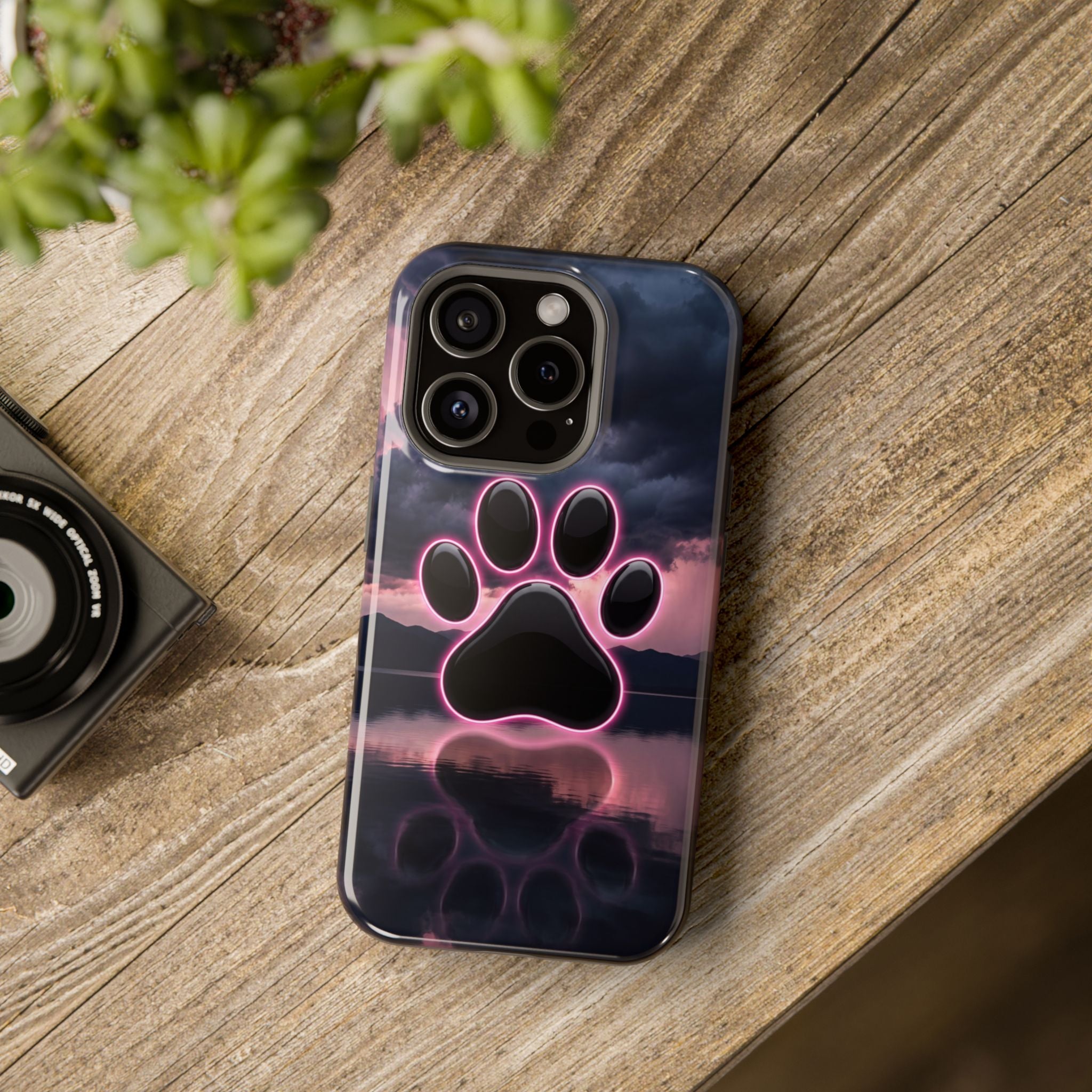 Neon Paw Print Phone Case — Impact-Resistant Wireless Charging Cover