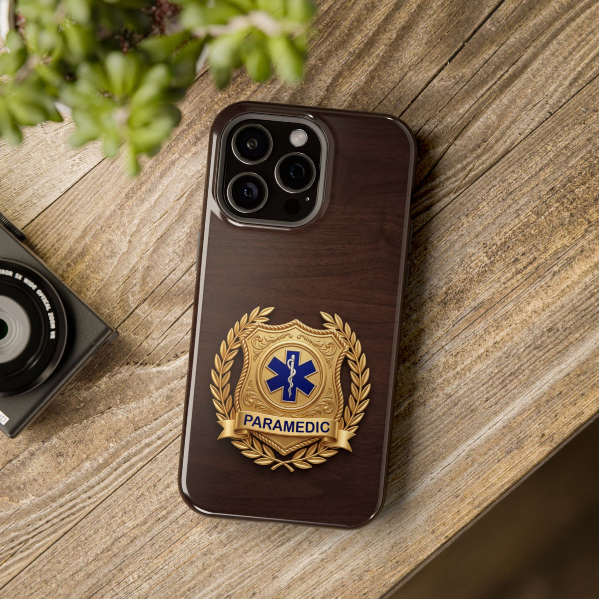 Gold Paramedic Laurel Badge Wood Phone Case — Magnetic Wireless Charging Cover