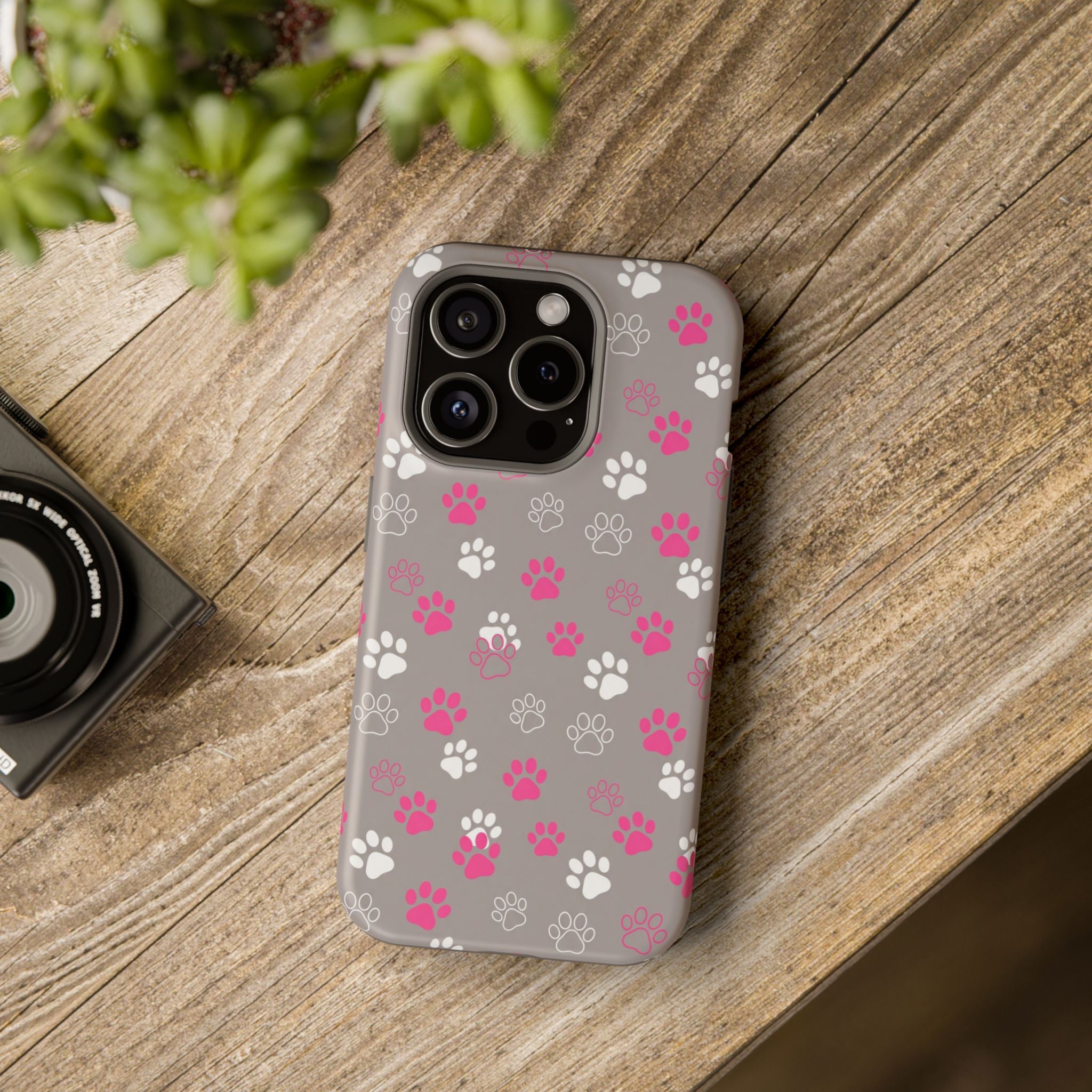 Pink & White Paw Print Phone Case — Impact-Resistant Wireless Charging Cover