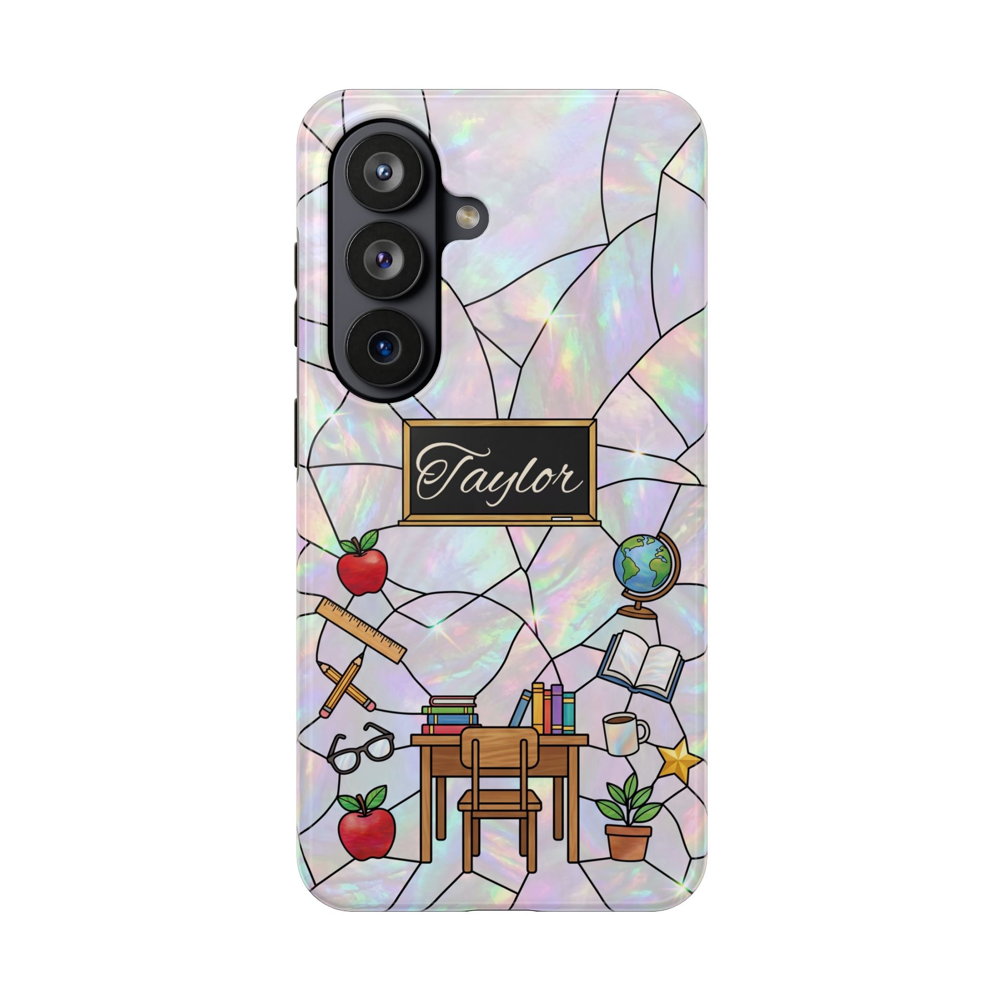 Personalized Teacher Phone Case — Custom Name Stained Glass Classroom Design