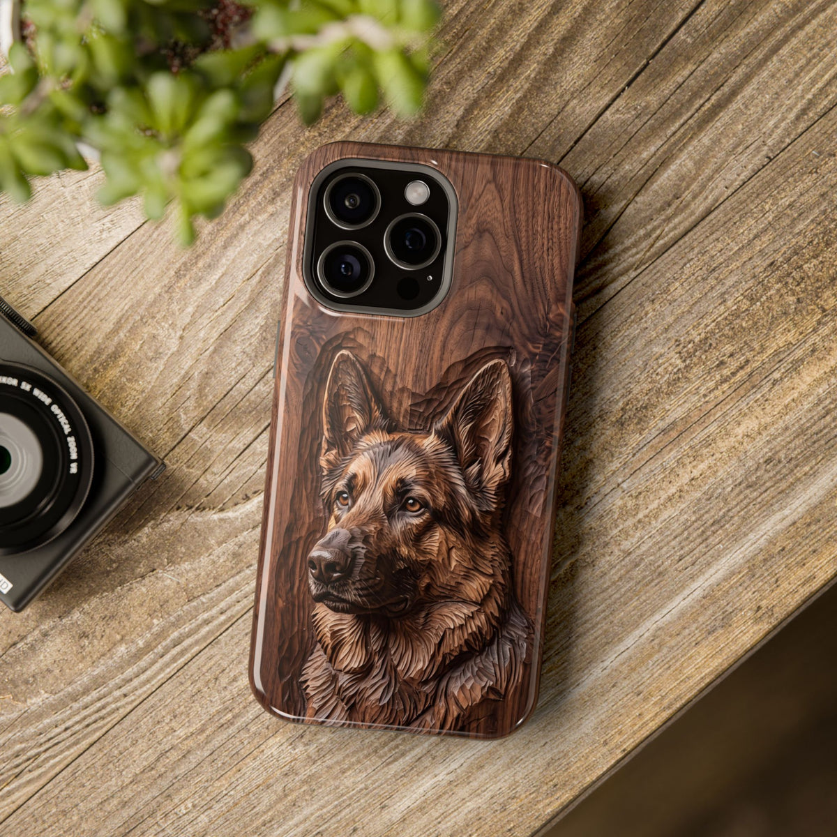 German Shepherd Phone Case | Carved Walnut Art — Tough Magnetic Case with Wireless Charging