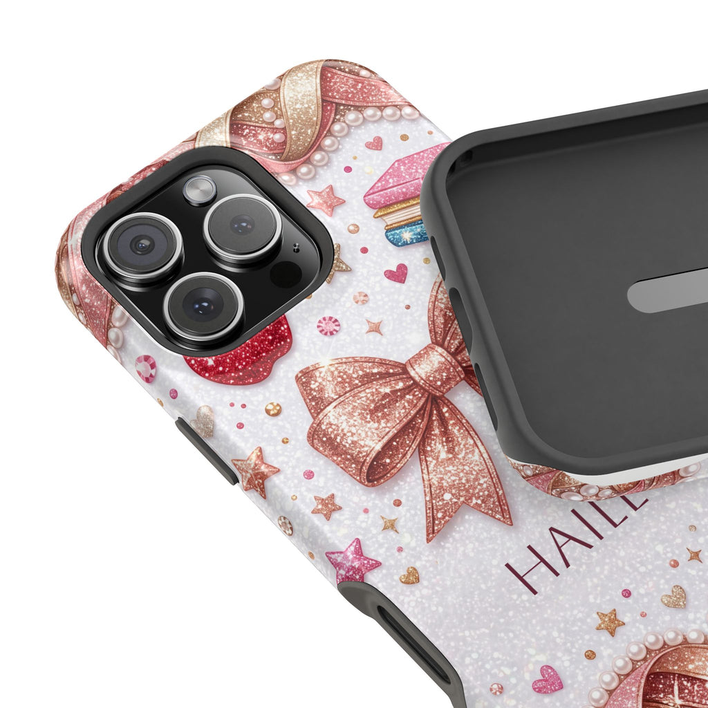 Rose Gold Glitter Bow Personalized Teacher Phone Case — Wireless Charging Cover