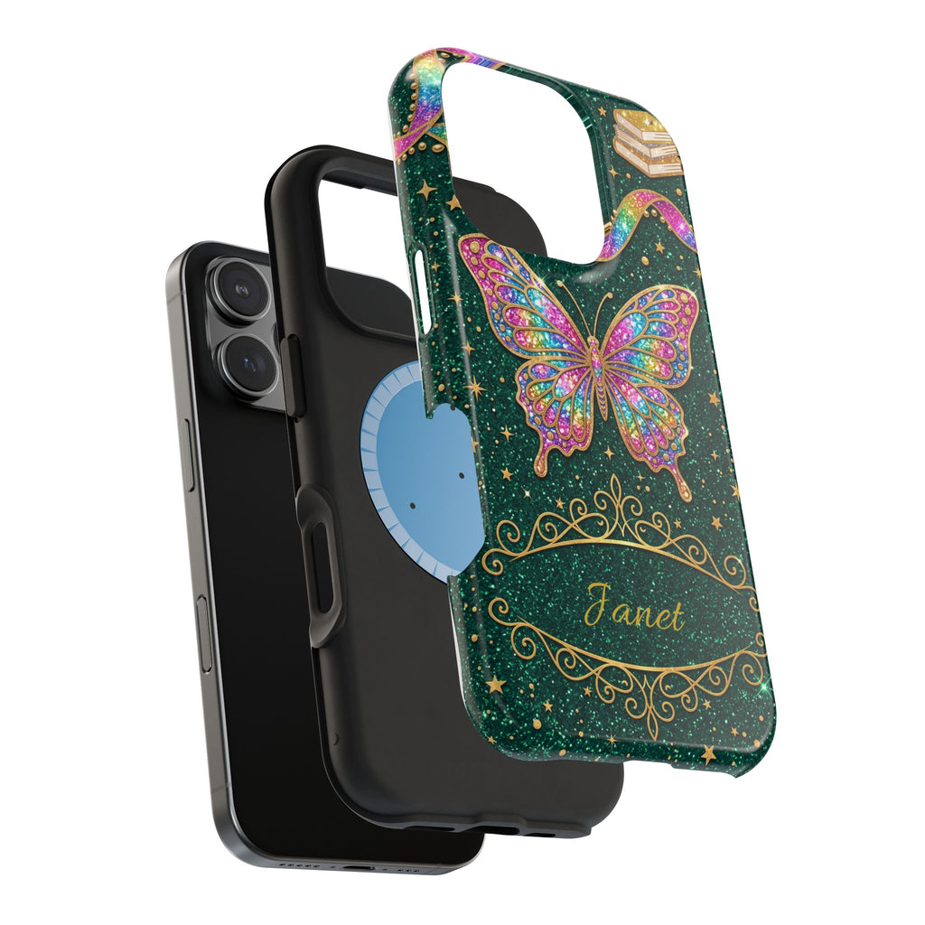 Rainbow Glitter Butterfly Personalized Teacher Phone Case — Wireless Charging Cover