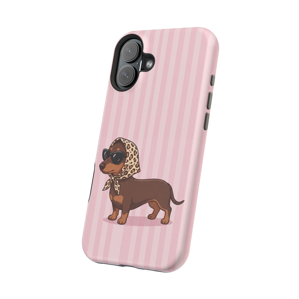Glam Dachshund Phone Case | Cute Sausage Dog in Leopard Scarf & Sunglasses | Pink Stripe Case for iPhone & Samsung