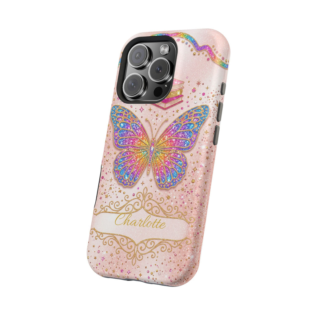 Blush Glitter Butterfly Personalized Teacher Phone Case — Wireless Charging Cover
