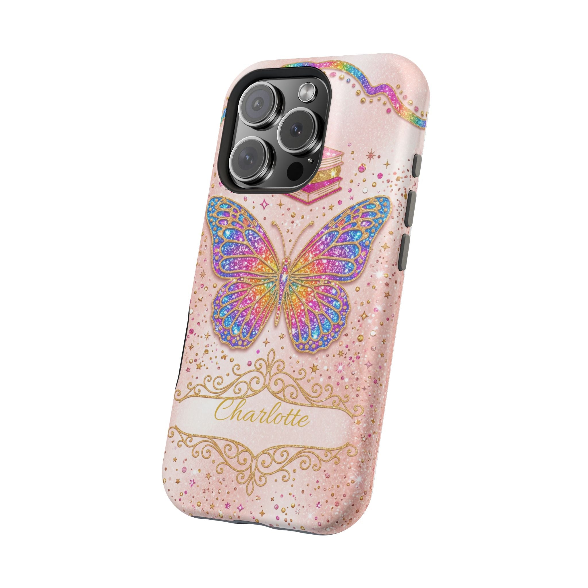 Blush Glitter Butterfly Personalized Teacher Phone Case — Wireless Charging Cover