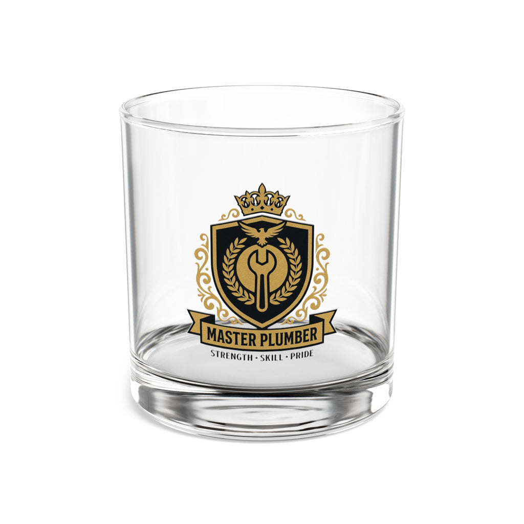 Master Plumber Crest Rocks Glass 10oz — Gold & Black Whiskey Glass