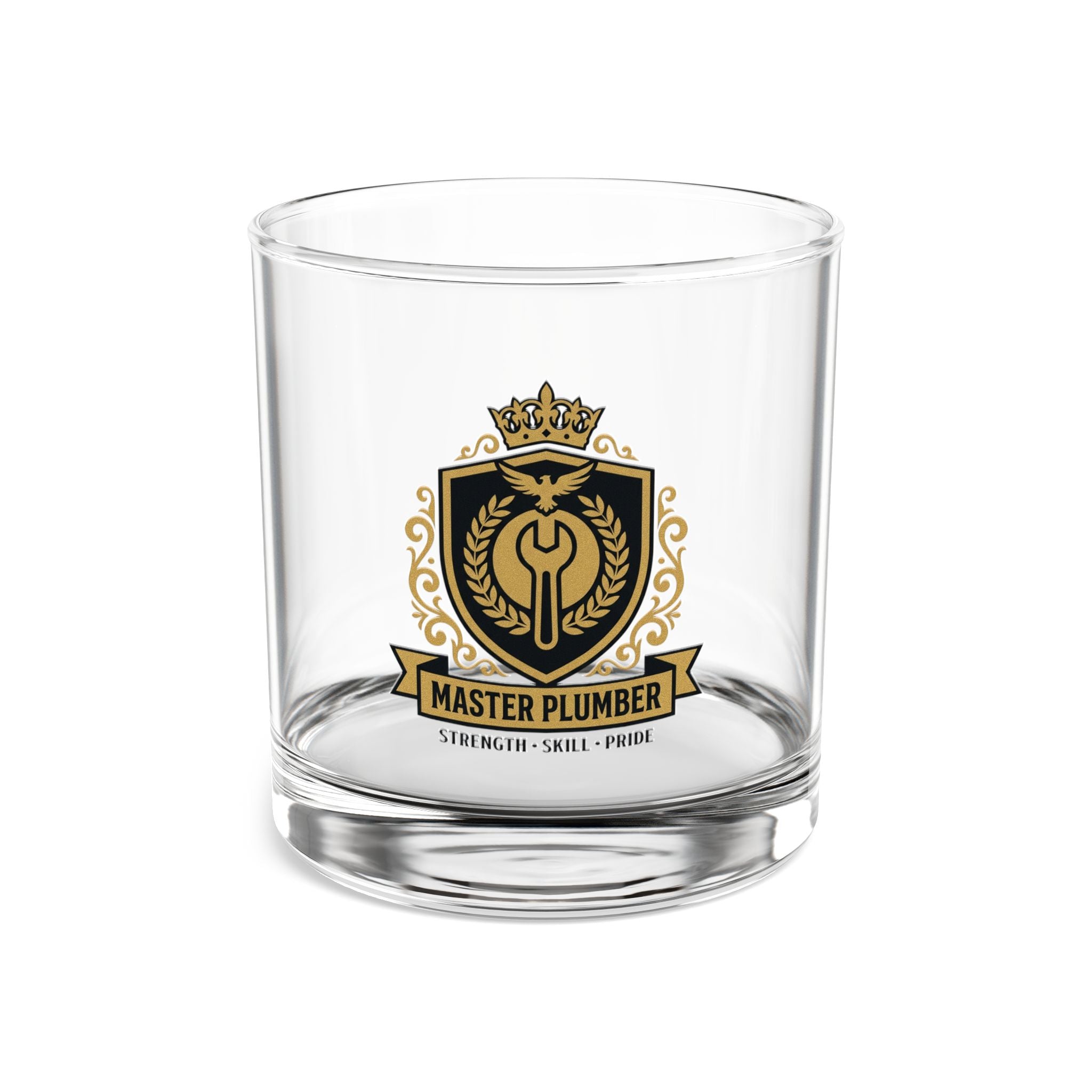 Master Plumber Crest Rocks Glass 10oz — Gold & Black Whiskey Glass