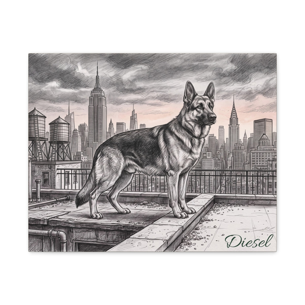 German Shepherd Personalized Canvas | New York City Skyline Sketch Wall Art