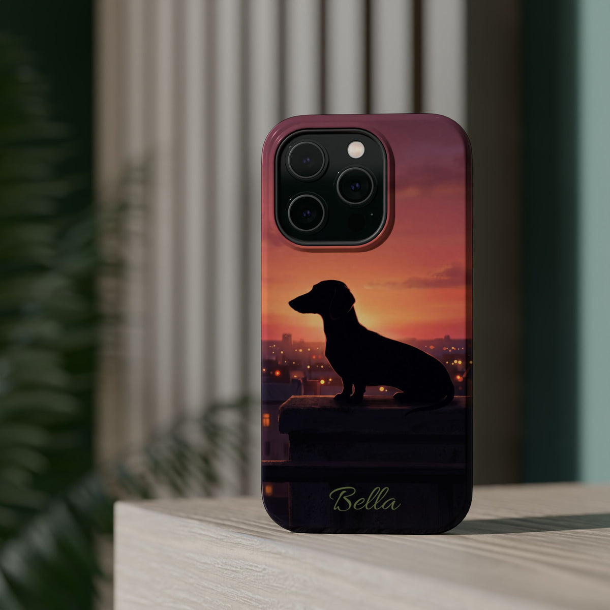 Personalized Dachshund Rooftop Sunset Phone Case — Wireless Charging Cover