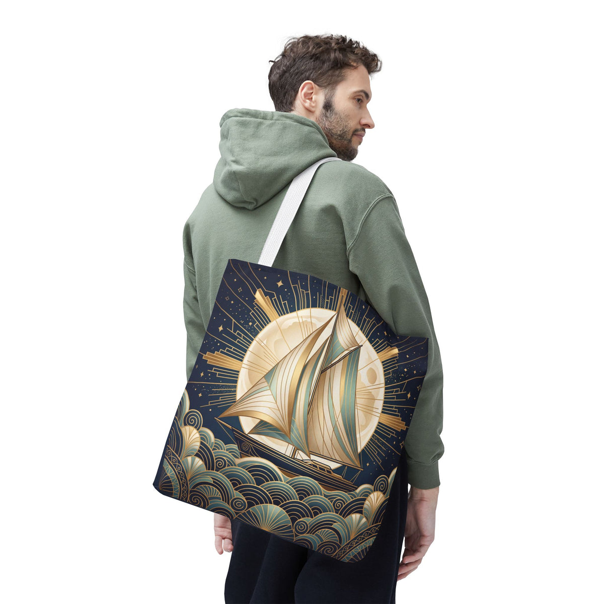 Art Deco Moonlit Sailboat Tote Bag – Starry Night Nautical Beach Bag