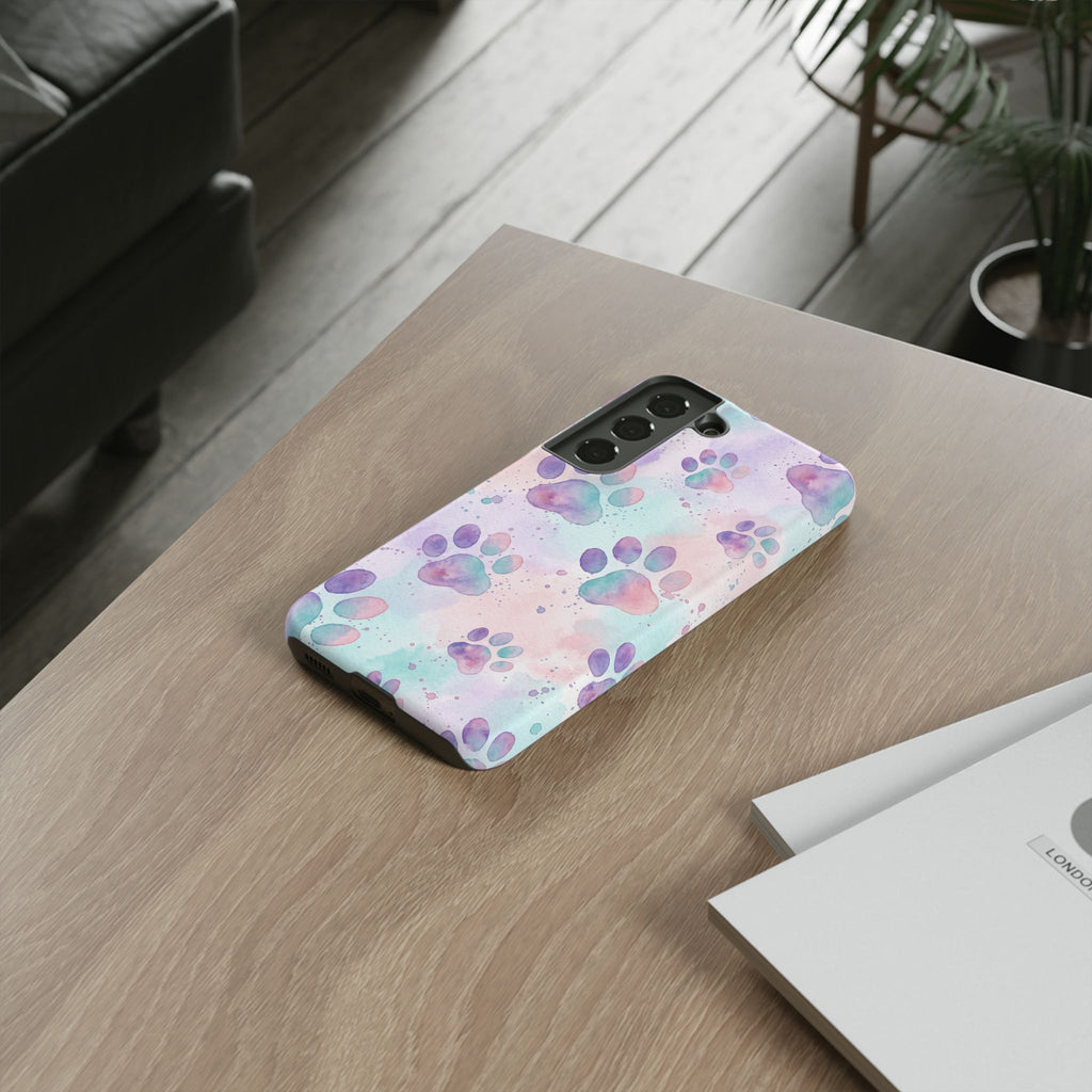 Watercolor Paw Print Phone Case | Pastel Purple, Teal & Pink Artistic Pattern | Samsung & iPhone
