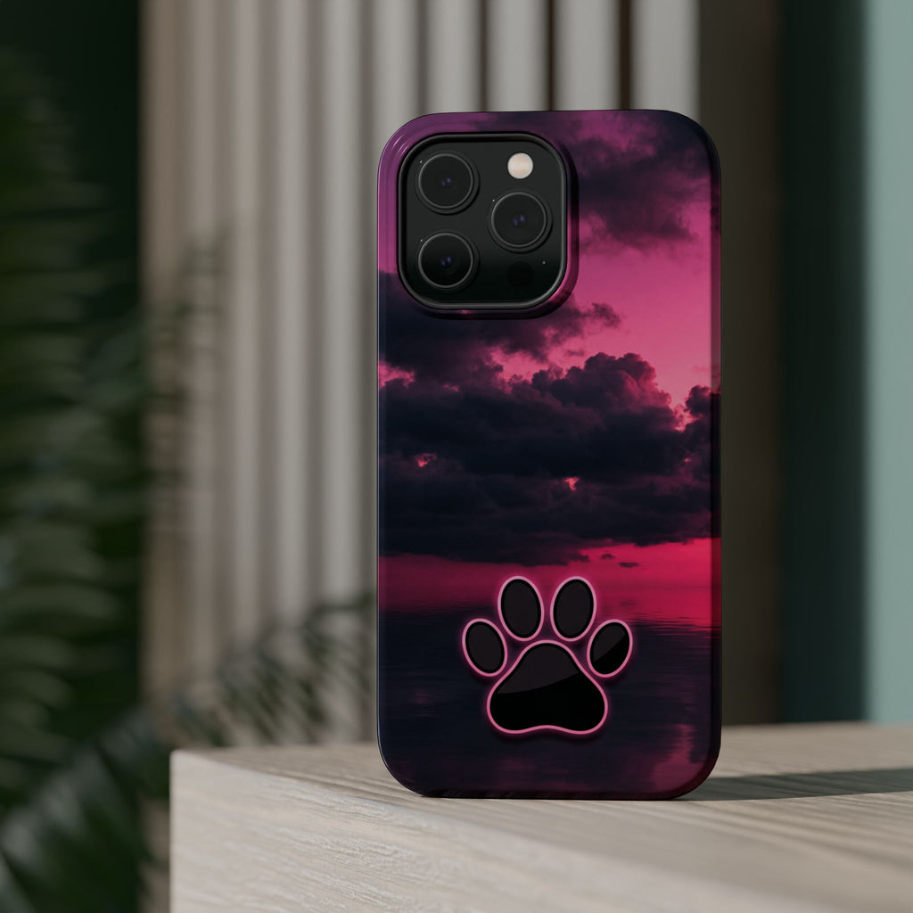 iPhone & Samsung Magnetic Impact-Resistant Phone Case — Pink Twilight Cloud with Paw Print