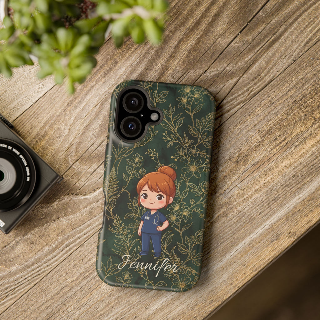 Personalized Nurse Botanical Phone Case — Impact-Resistant Wireless Charging Cover