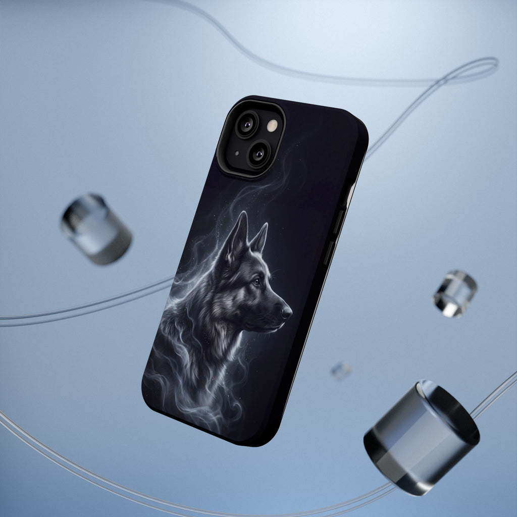 German Shepherd Phone Case | Silver Moonlight Mist Art — Tough Magnetic Case with Wireless Charging