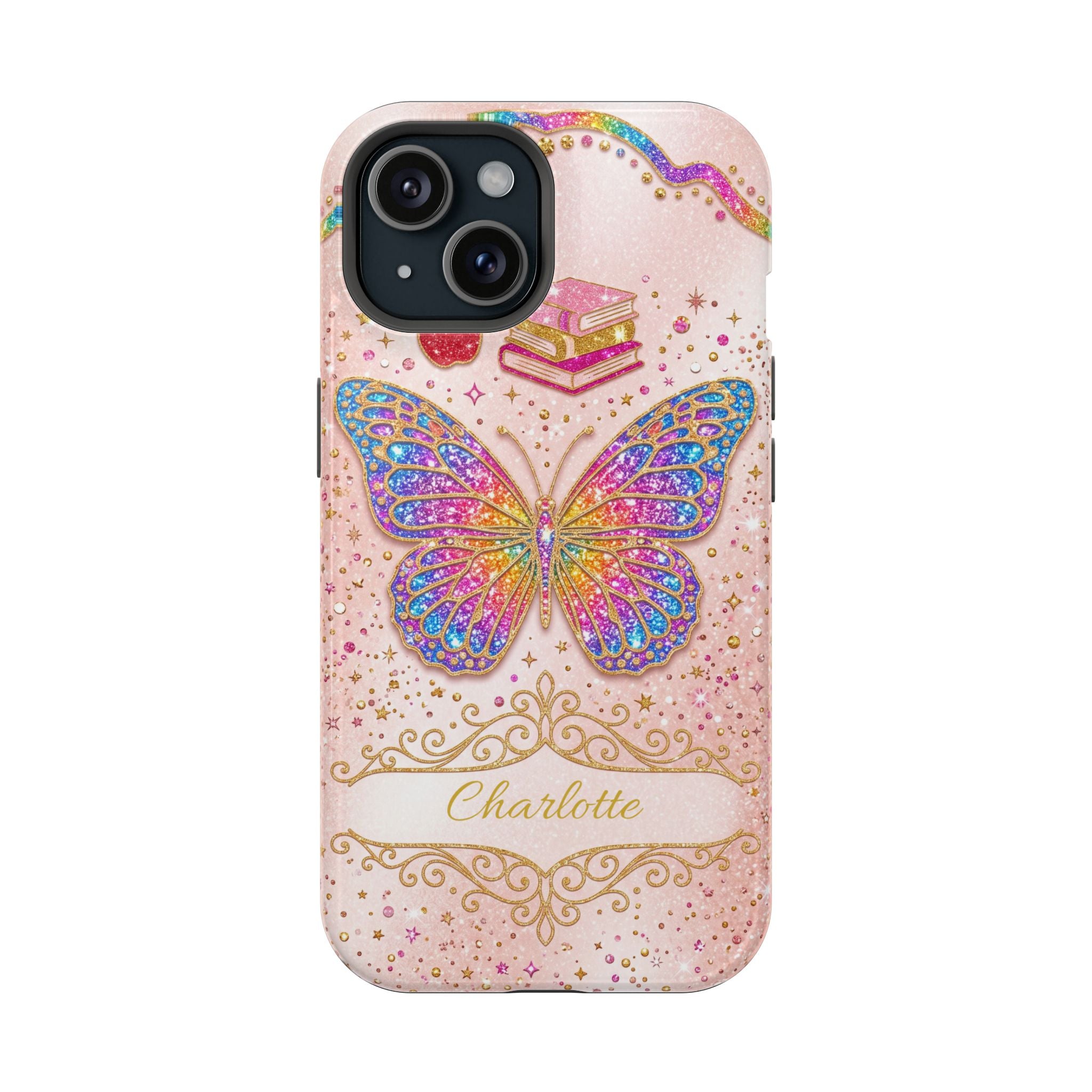 Blush Glitter Butterfly Personalized Teacher Phone Case — Wireless Charging Cover