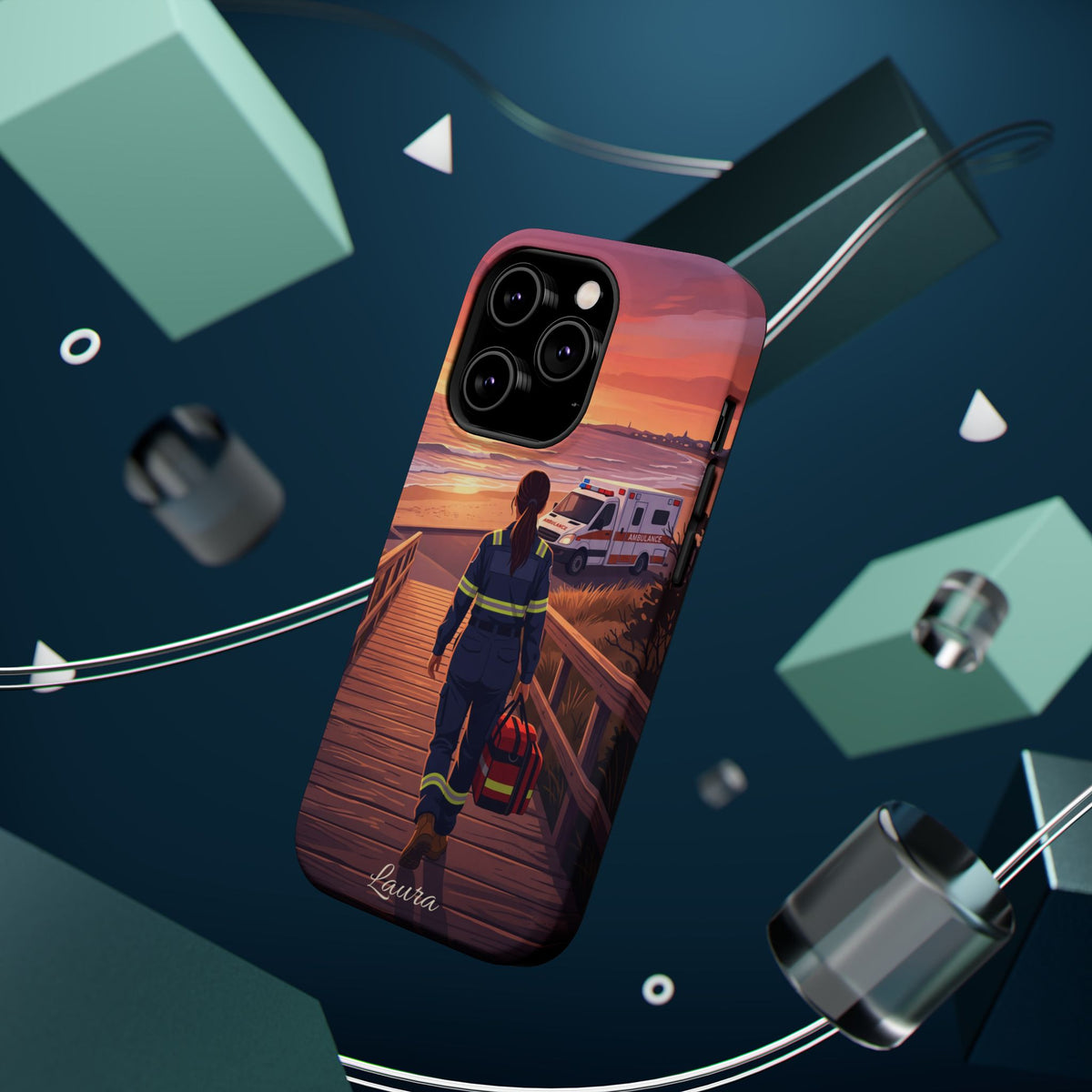 Sunset Boardwalk Personalized Paramedic Phone Case — Wireless Charging Cover