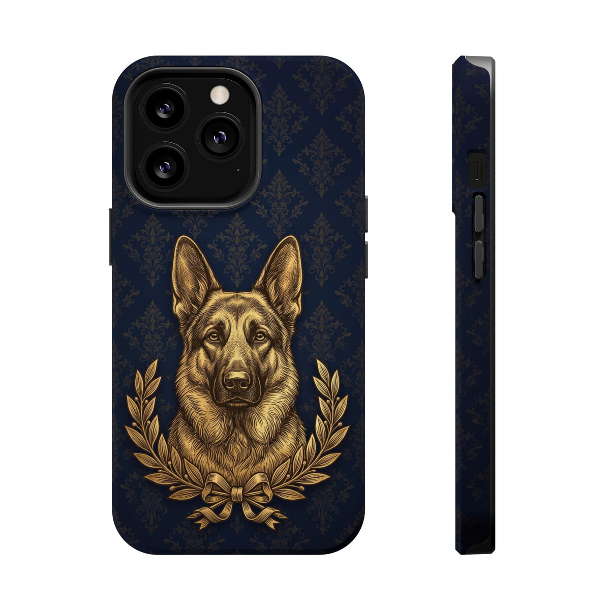 German Shepherd Phone Case | Navy Gold Laurel Art — Tough Magnetic Case with Wireless Charging