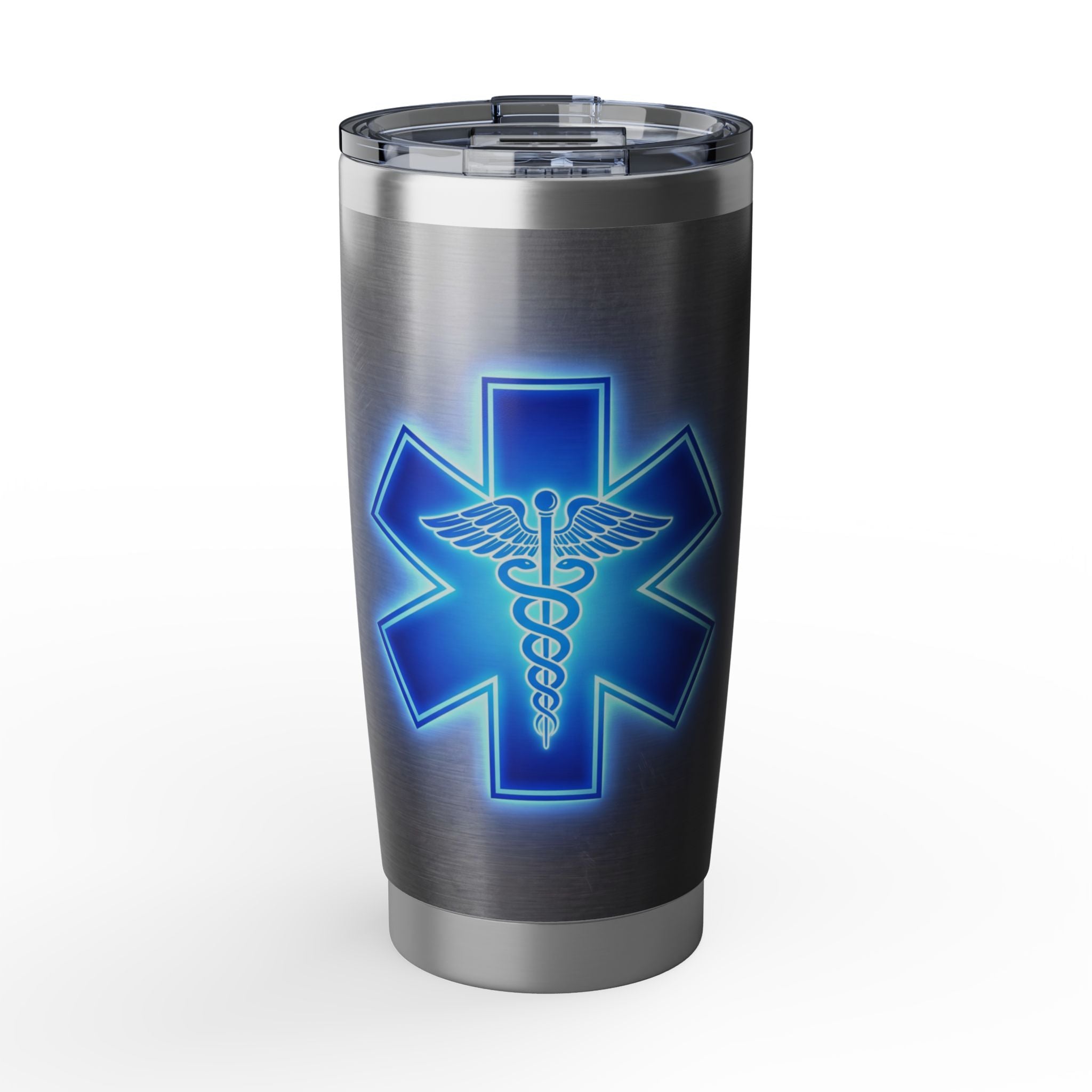 Paramedic/EMT 20oz Tumbler – Blue Glow Star of Life on Steel