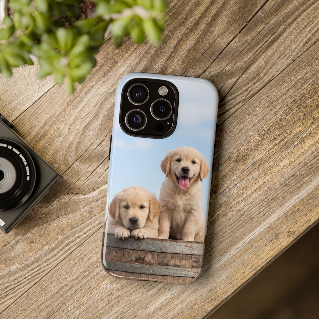 Golden Retriever Puppies on Barrel Phone Case | Cute Duo Under Blue Sky | iPhone & Samsung
