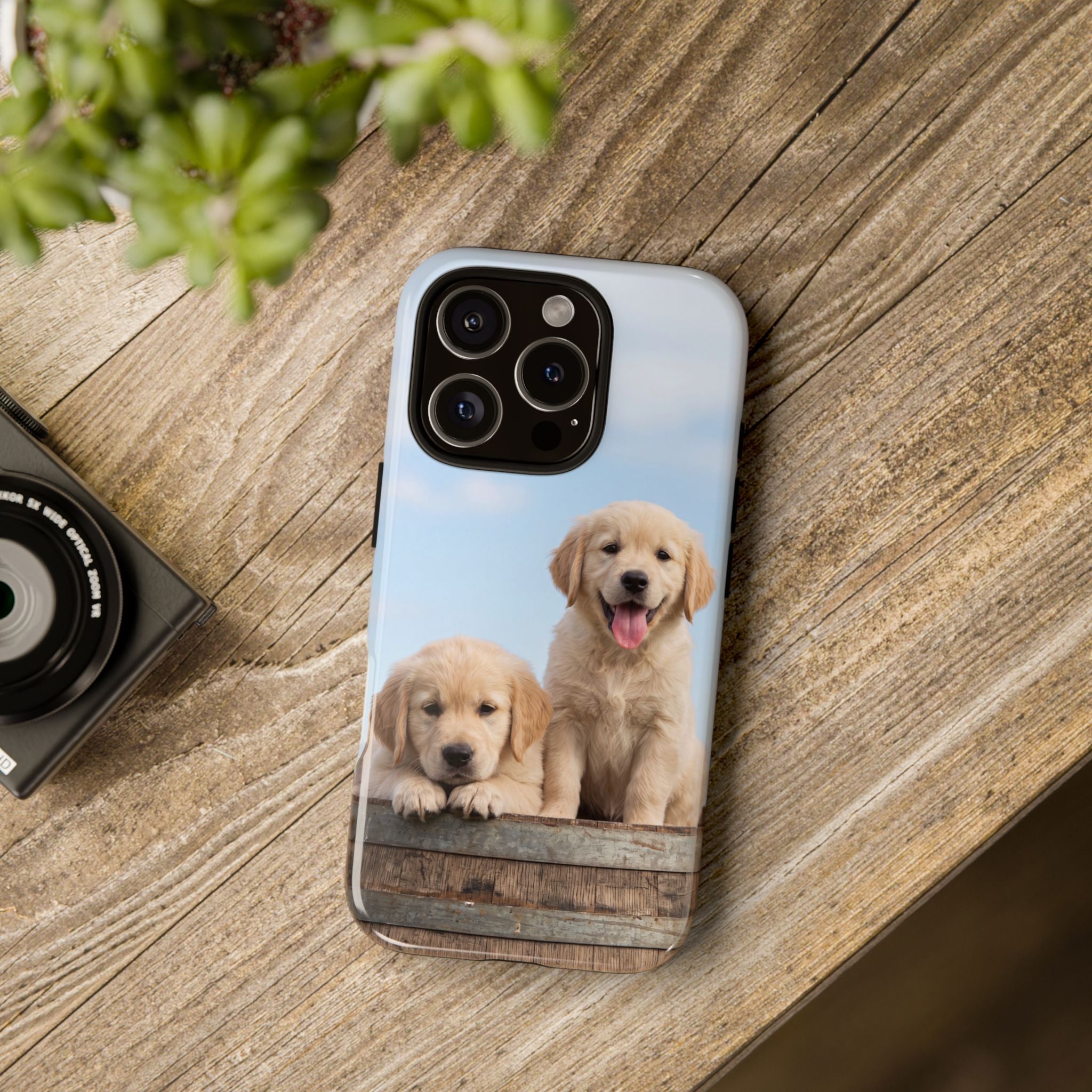 Golden Retriever Puppies on Barrel Phone Case | Cute Duo Under Blue Sky | iPhone & Samsung