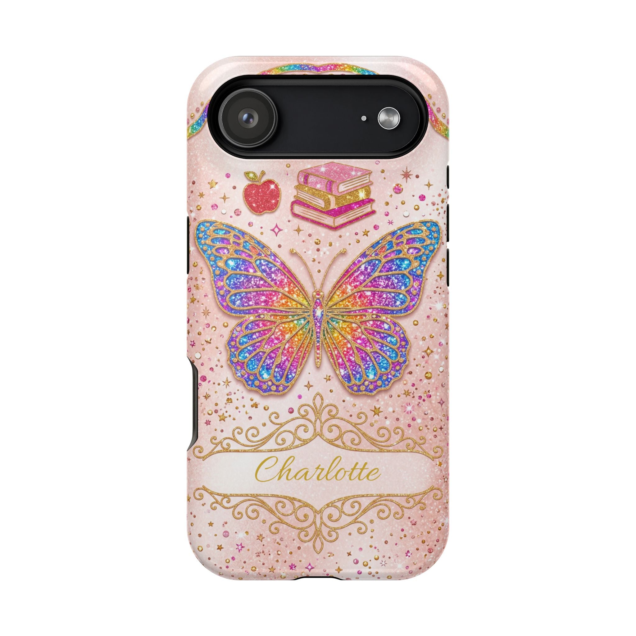Blush Glitter Butterfly Personalized Teacher Phone Case — Wireless Charging Cover