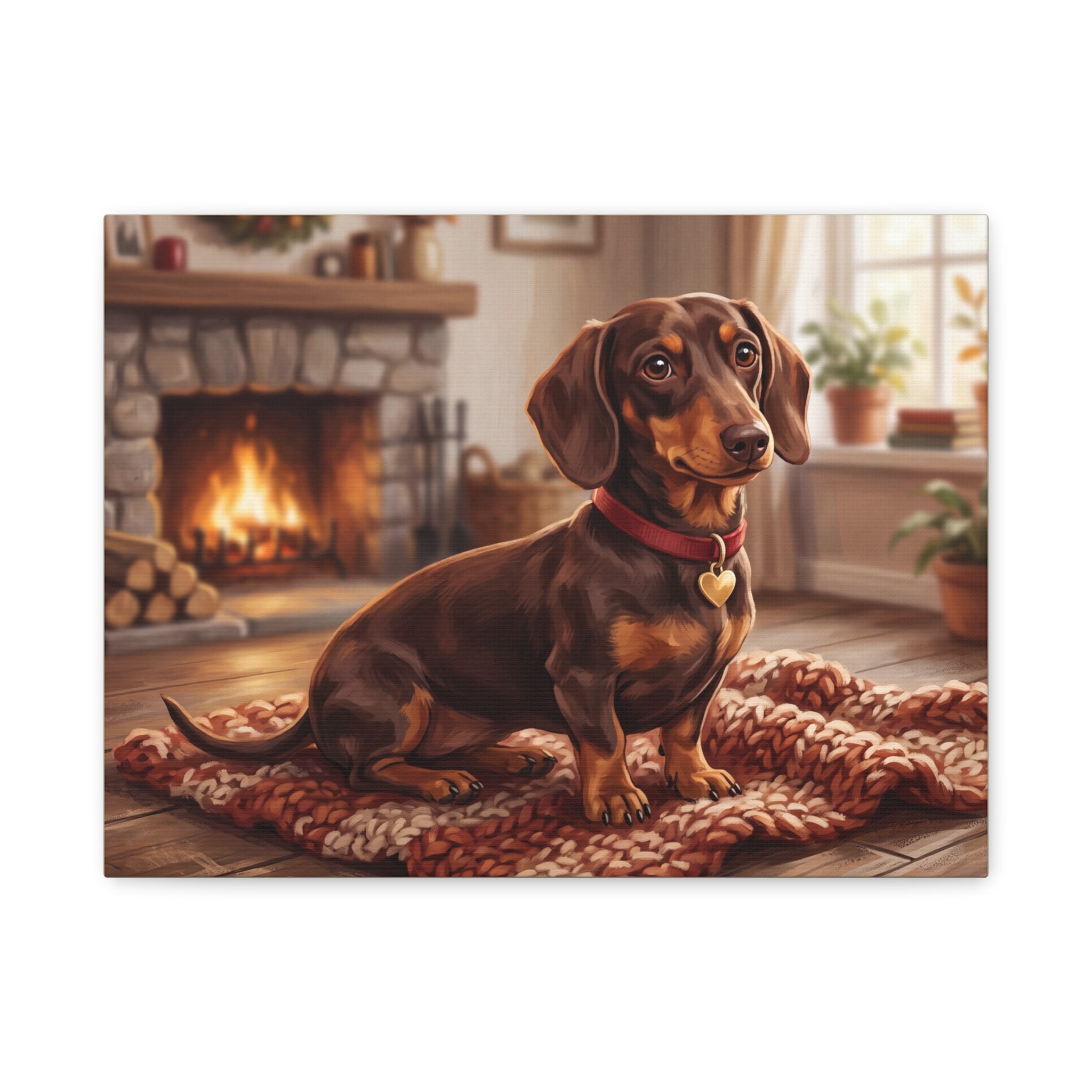 Dachshund Canvas Print | Cozy Fireside Dachshund Wall Art | Dog Lover Home Decor