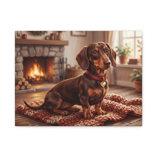 Dachshund Canvas Print | Cozy Fireside Dachshund Wall Art | Dog Lover Home Decor