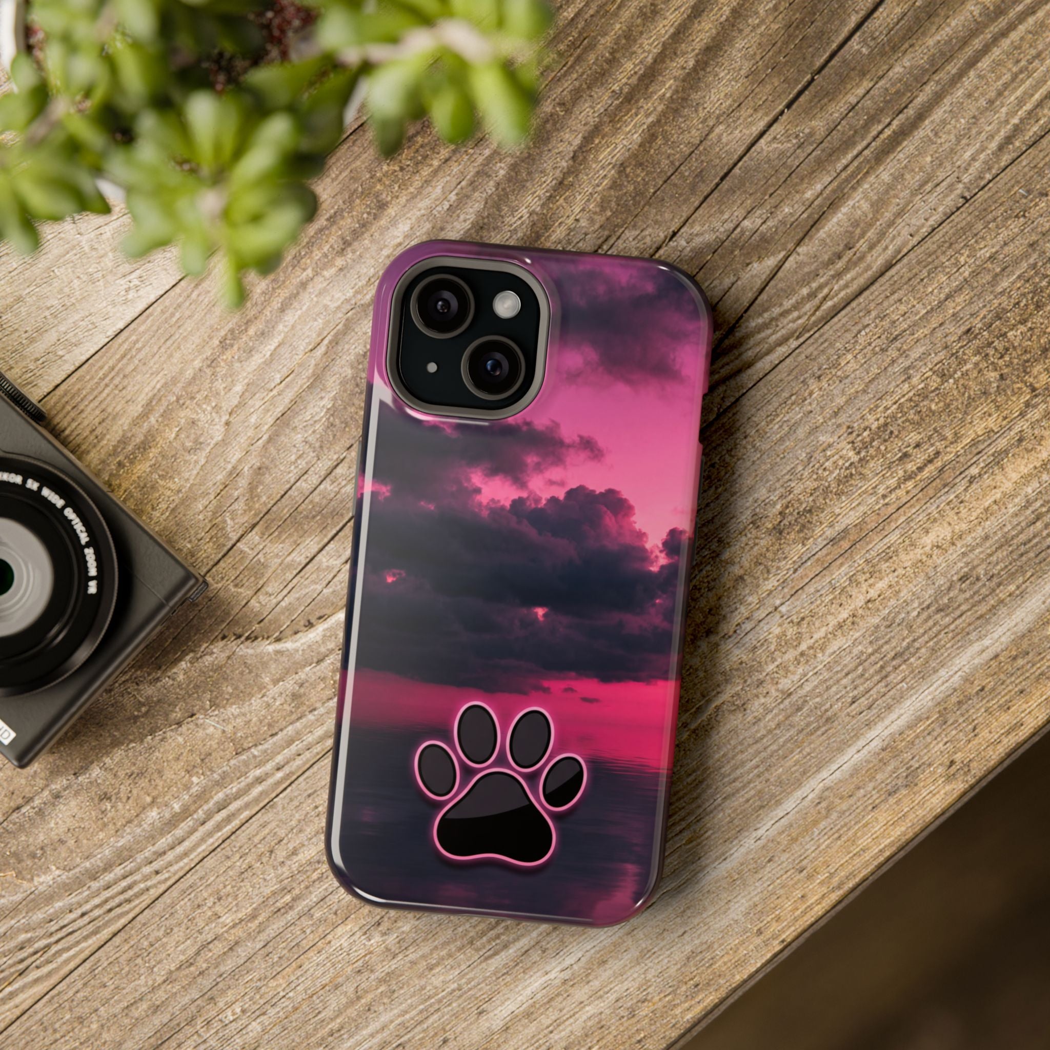 Pink Sky Paw Print Phone Case — Impact-Resistant Wireless Charging Cover