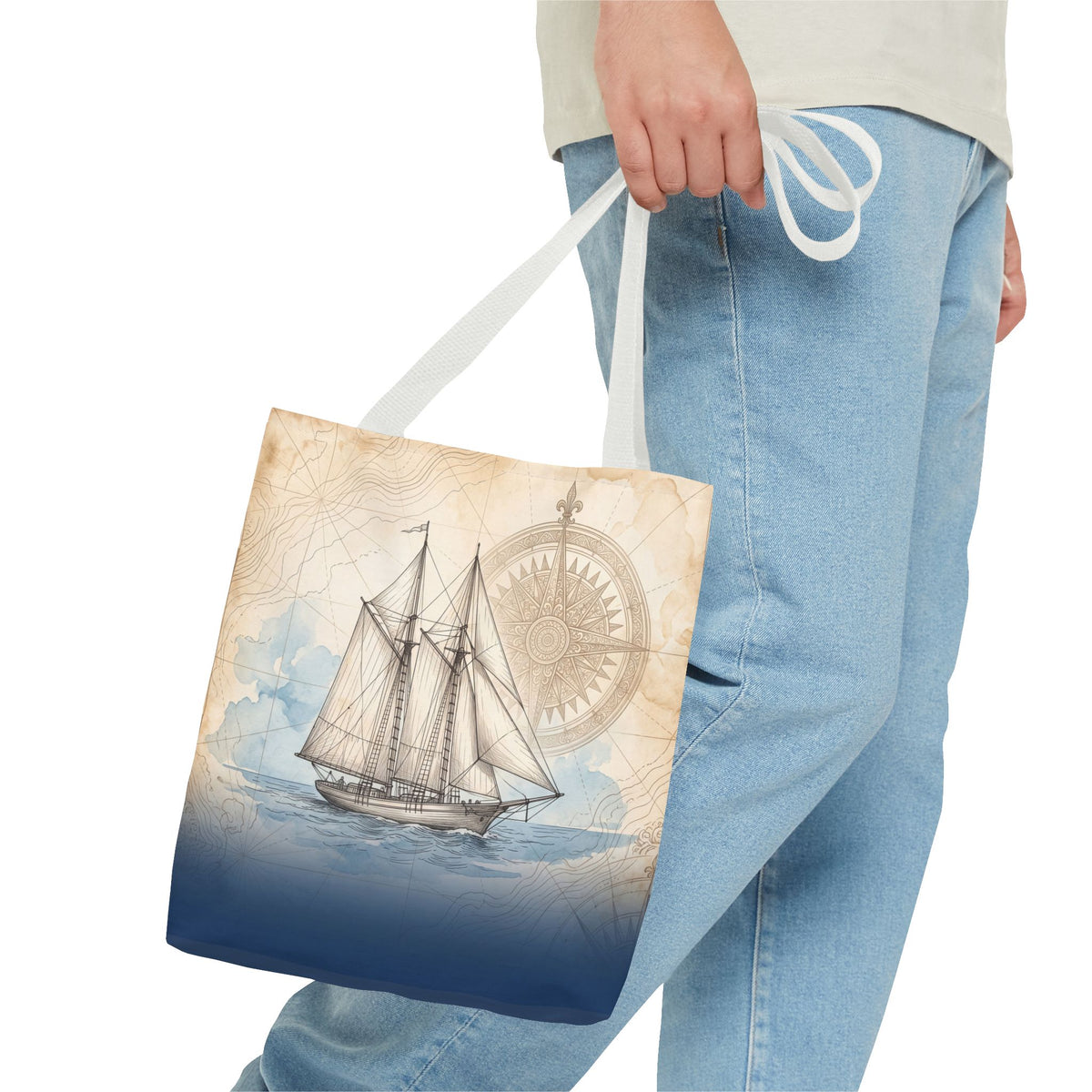 Vintage Schooner Tote Bag – Antique Nautical Map Compass Beach Bag