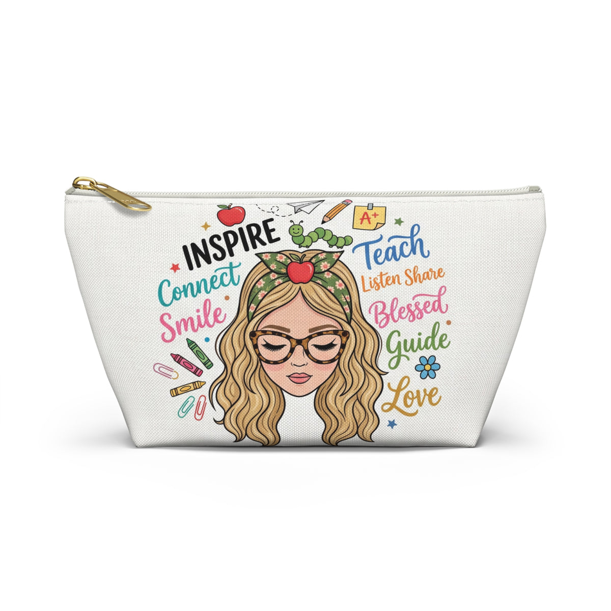 Inspire Teach Blonde Illustrated Teacher Pouch — T-Bottom Zipper Bag