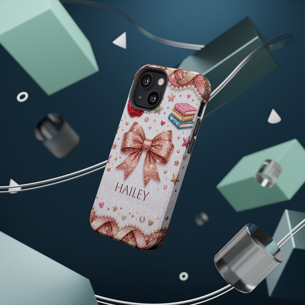 Rose Gold Glitter Bow Personalized Teacher Phone Case — Wireless Charging Cover